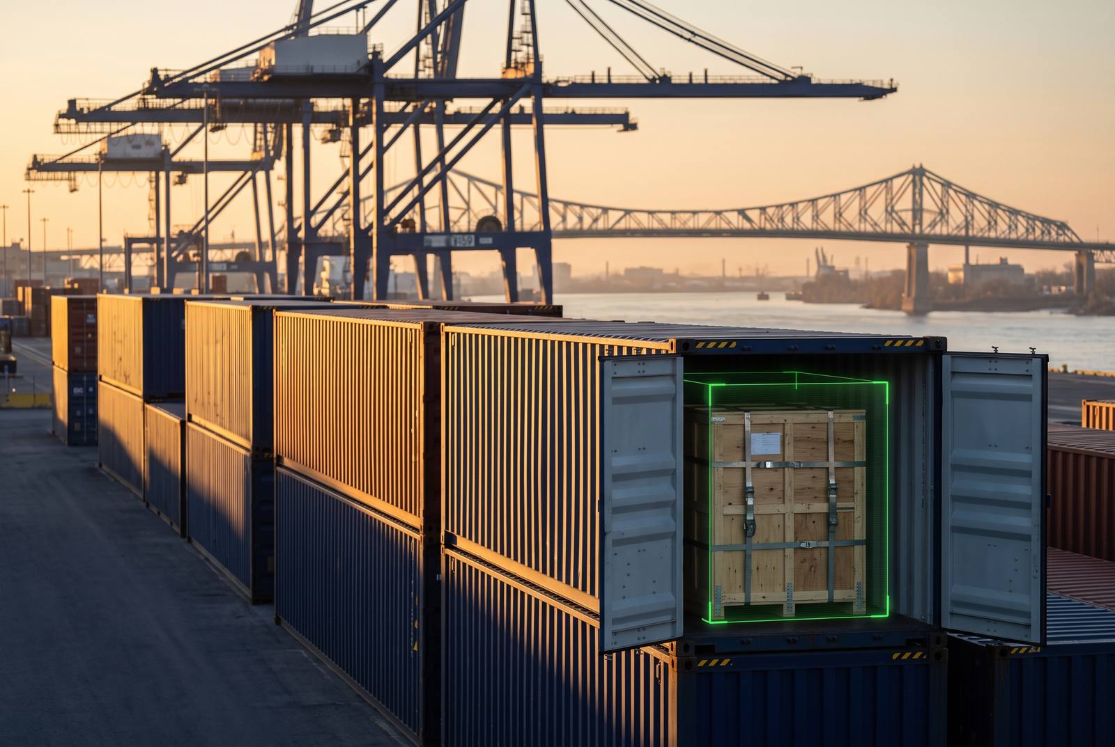An open container at the Port of Montreal revealing a strapped crate at golden hour