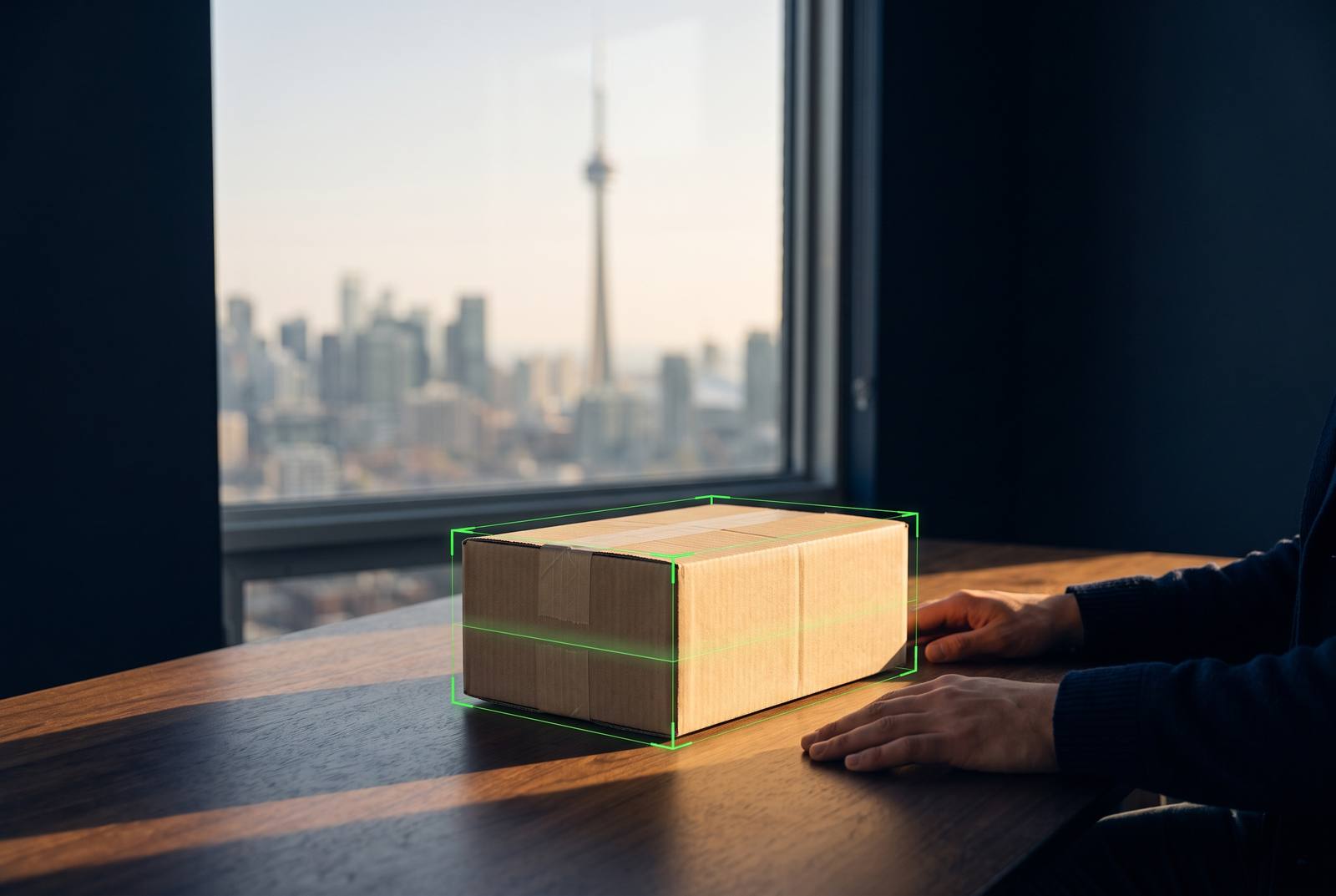 A sealed parcel on a desk with the Toronto skyline behind