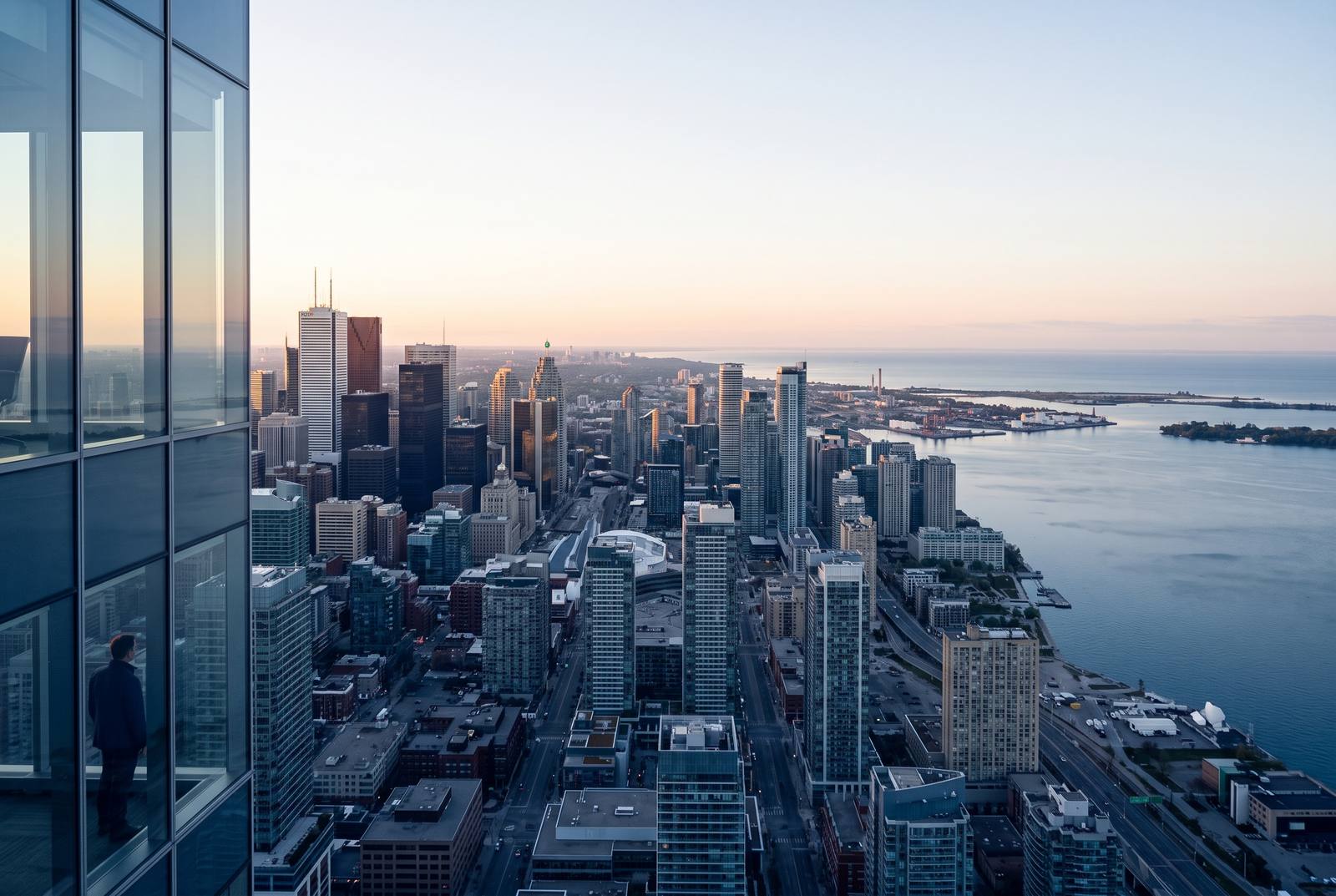 View over the Toronto skyline and waterfront at sunrise from an office window