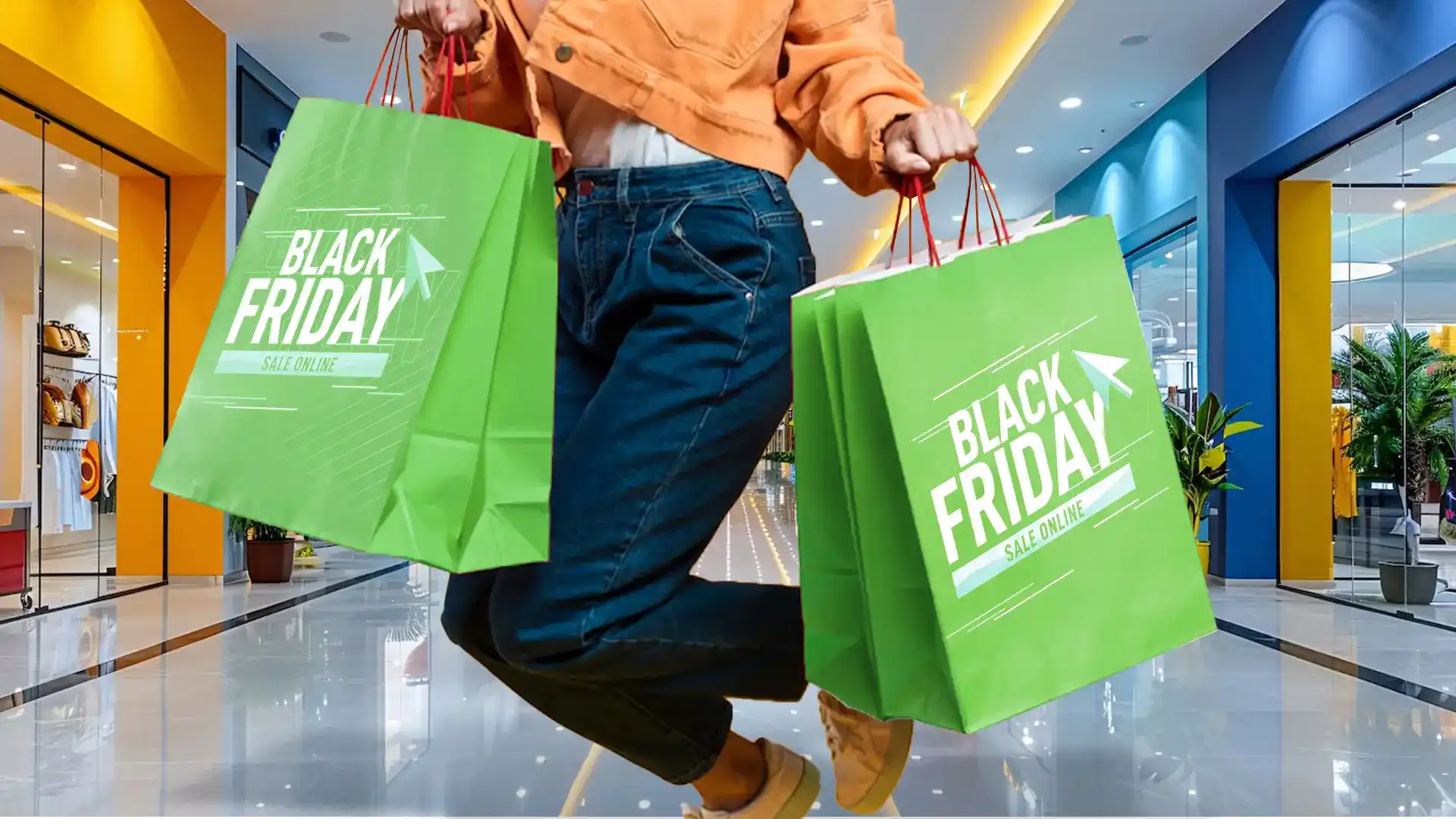 A girl jumping holding black Friday label shopping bag