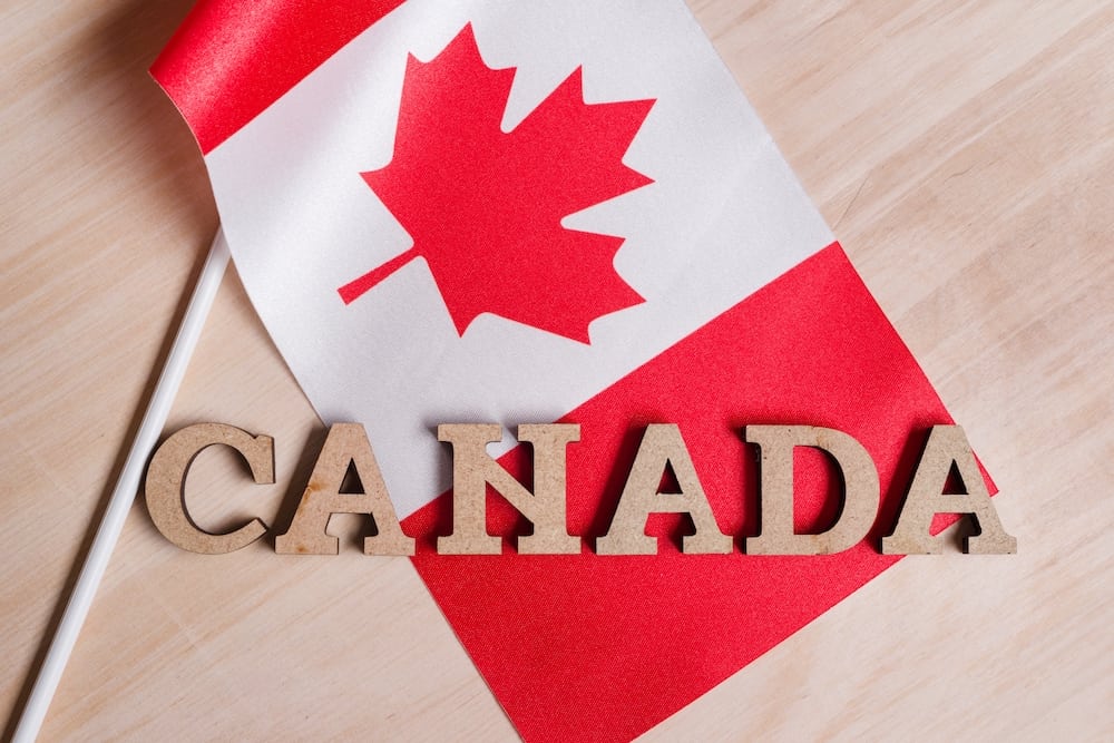 flag of canada with word Canada in wood shipping insurance canada concept photo