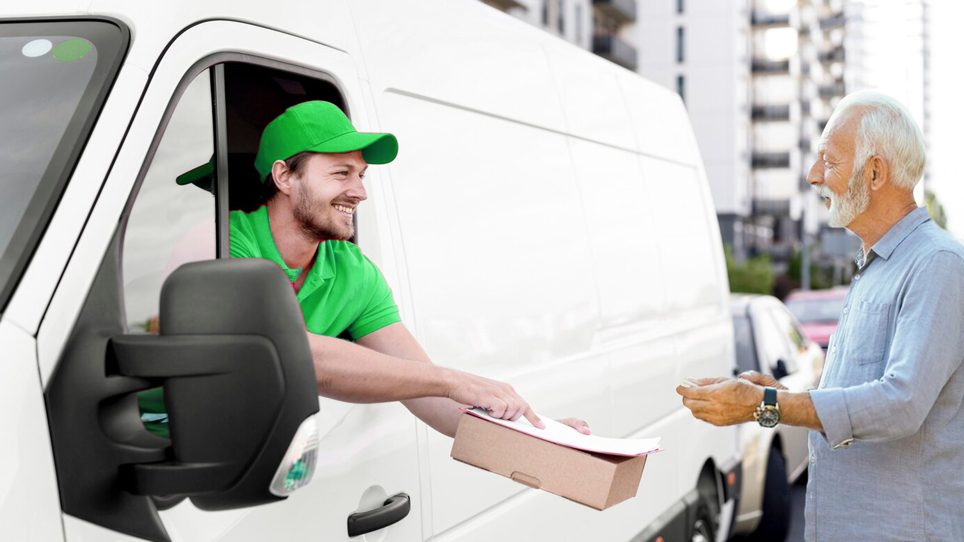 Delivery van giving parcel to customer