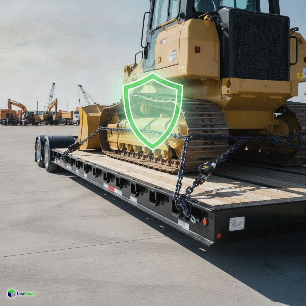 heavy equipment shipping on a flatbed trailer requiring cargo insurance